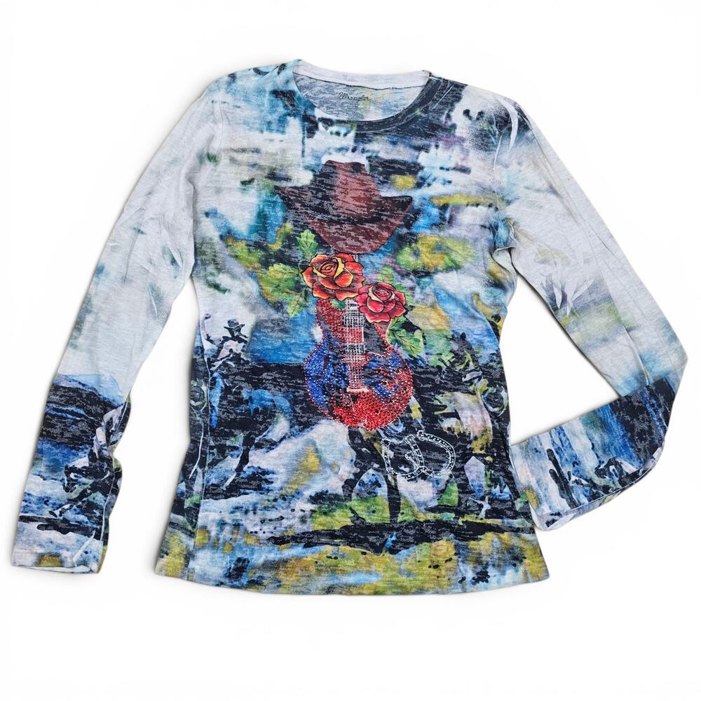 WRANGLER Graphic Long Sleeve Tee Women's M Cowgirls Guitars Roses Rhinestones
